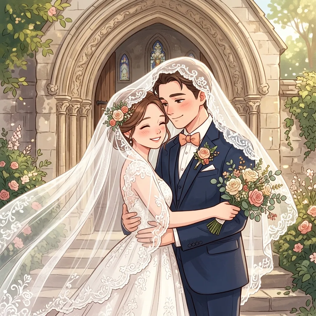 Cặp đôi dâu rể tựa đầu lãng mạn dưới làn voan cưới thêu ren trước cổng vòm đá nhà thờ