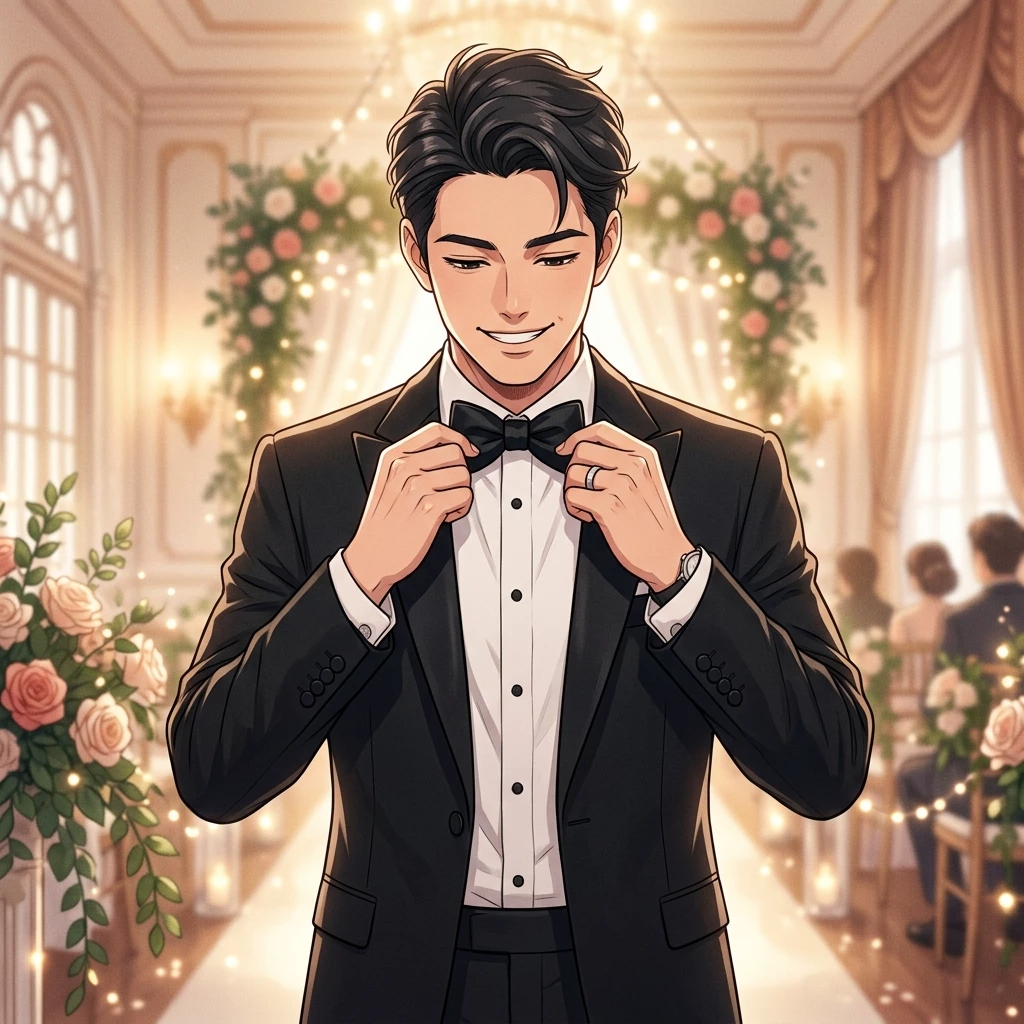 Chú rể lịch lãm mỉm cười chỉnh nơ cổ áo tuxedo đen sang trọng ngày cưới