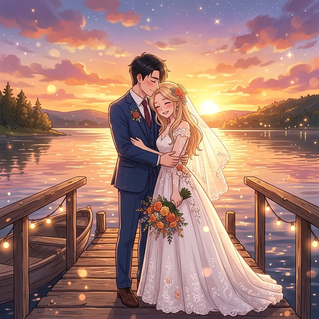 Cô dâu chú rể ôm nhau lãng mạn bên bờ hồ ngập nắng hoàng hôn vàng cam ấm áp