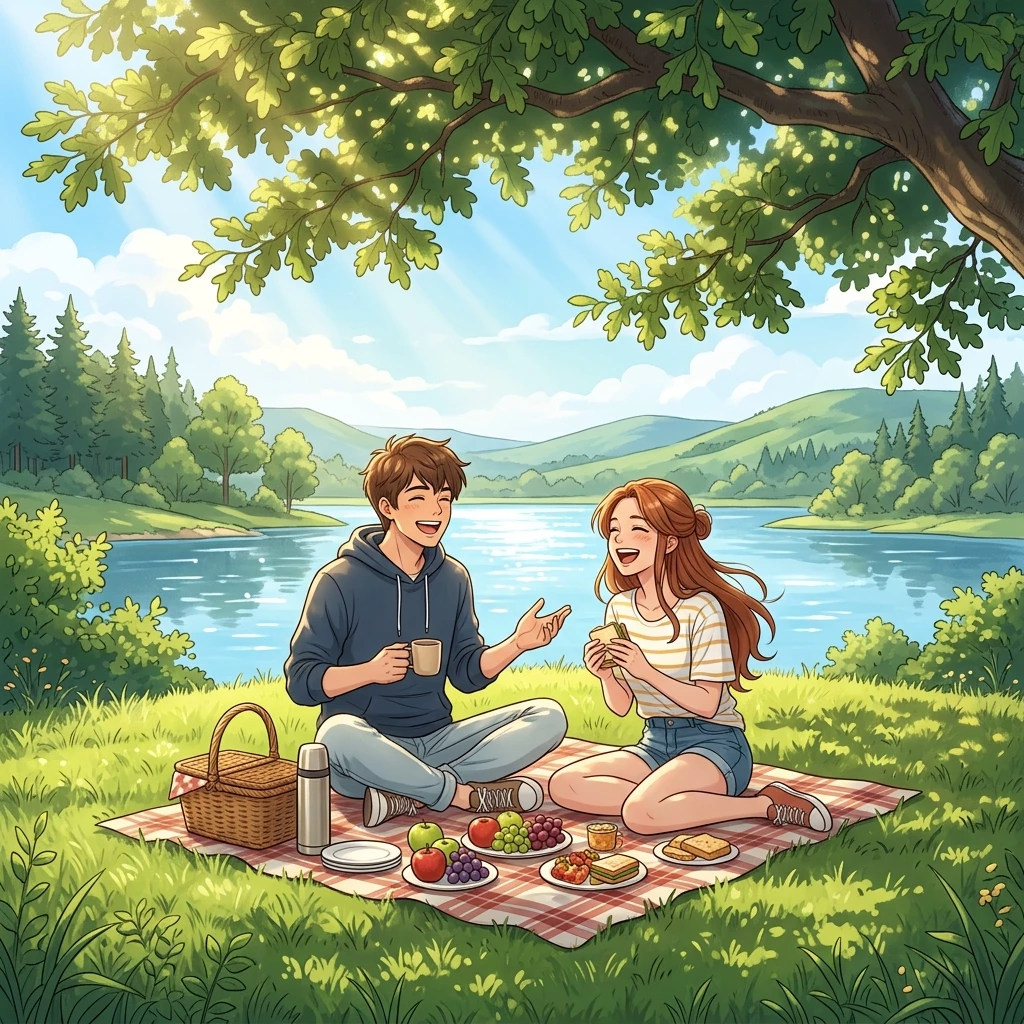Cặp đôi vui vẻ cười đùa trong chuyến dã ngoại cắm trại bên bờ hồ thiên nhiên