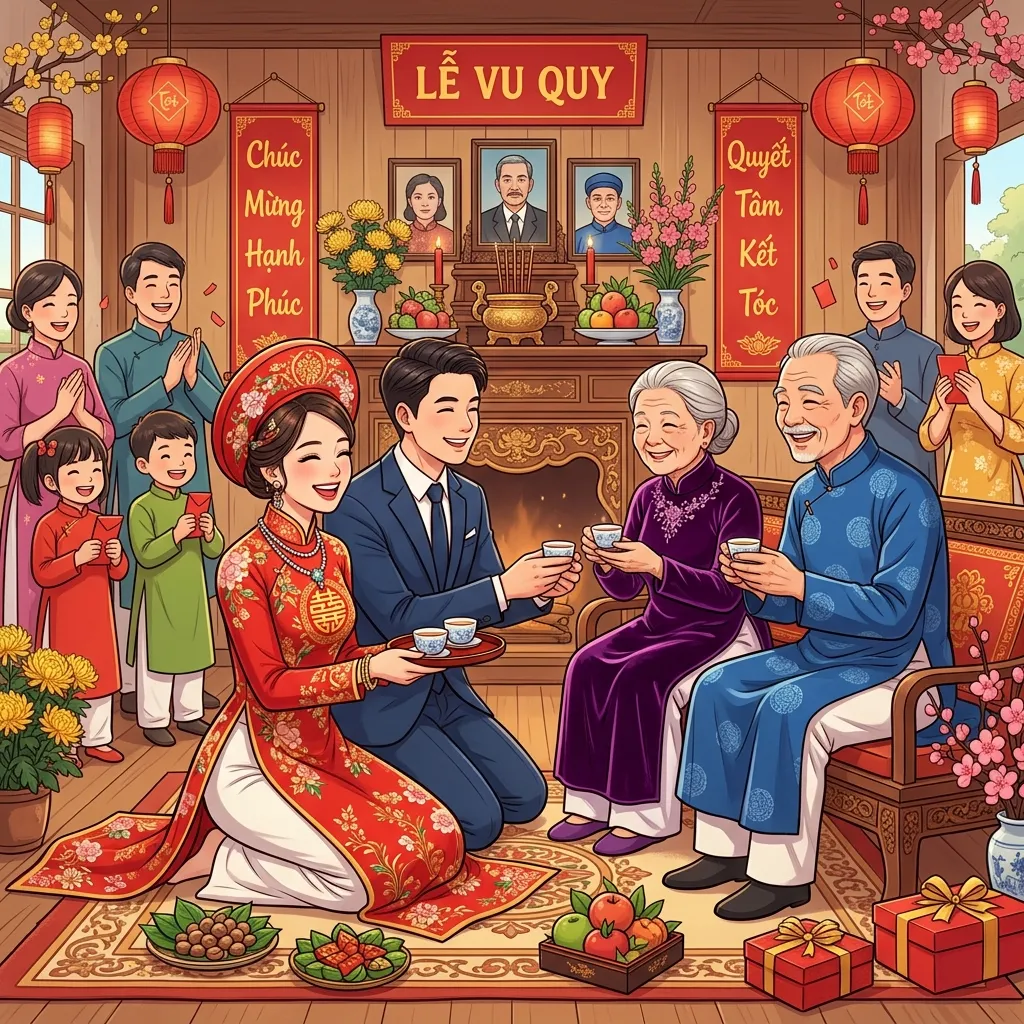 Lễ gia tiên ấm cúng dâu rể dâng trà kính cha mẹ trong trang phục áo dài đỏ