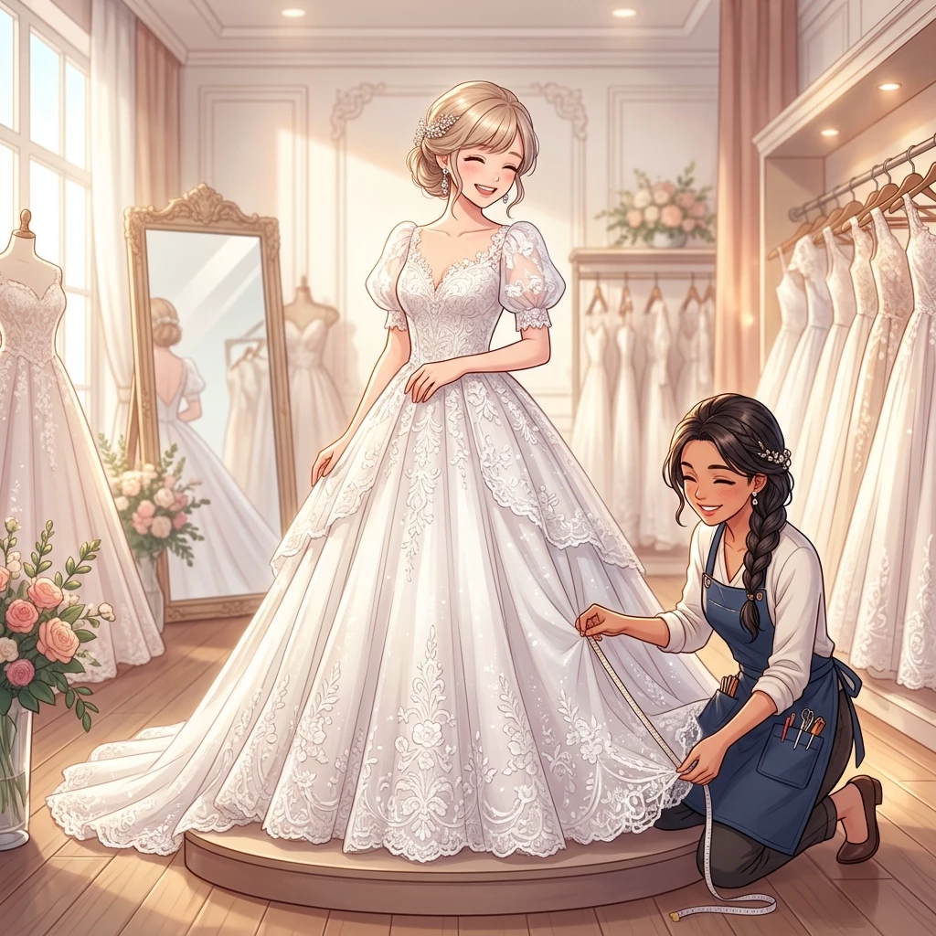 Chuyên viên tư vấn đang tỉ mỉ cân chỉnh dáng váy cưới xòe bồng cho cô dâu trước gương